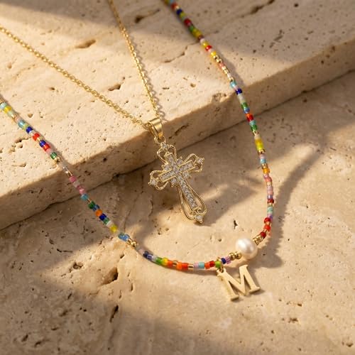 Colorful Pearl Beaded Initial Choker Necklaces for Women, Boho Handmade Personalized Seed Beads Letter Name Necklace Beach Surfer Bohemian Jewelry Gift - color: Cross M