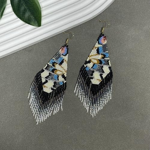 Handmade Seed Beaded Earrings, Lightweight Boho Fringe Dangle Earrings, Glass Bead Drop Jewelry for Everyday Wear & Party, Women Gifts - color: Feather