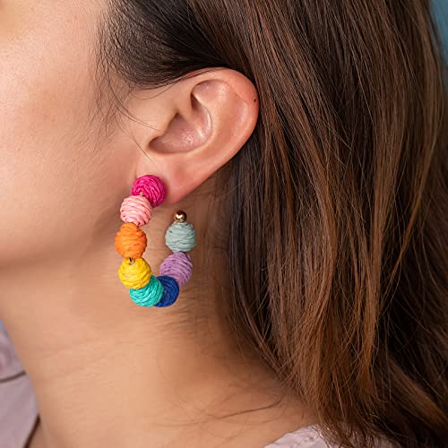 Raffia Hoop Earrings Statement Boho Beaded Earrings Cute Rattan Handmade Colorful Jewelry for Women Unique Summer Outfits - color: Rainbow