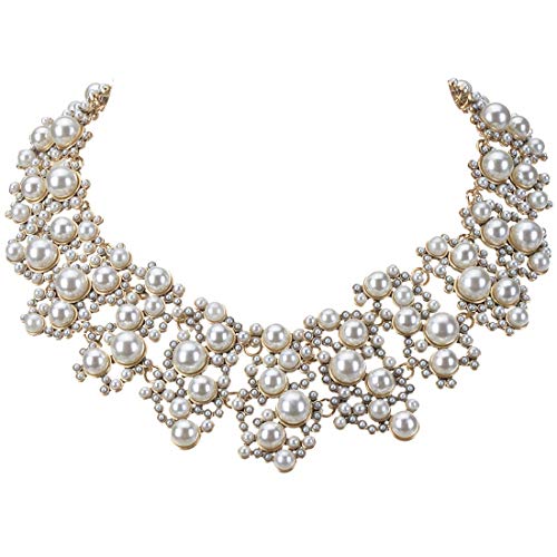 Jerollin Crystal Rhinestone/Pearl Statement Chain Necklace, Vintage Choker Bib Pendant Necklace Bohemian Bling Tassel Collar Statement Necklace for Evening Party - color: White