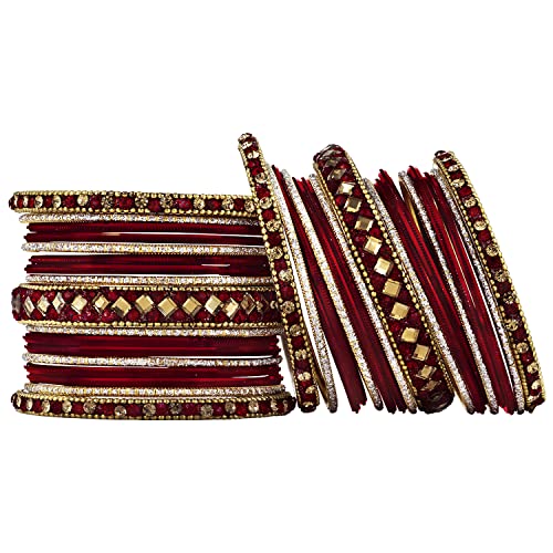 Aheli Ethnic Colorful Metal Bangles Chudha Set Stone Studded Bangle Set Indian Wedding Wear Fashion Jewelry Gift for Women Blue - color: Maroon