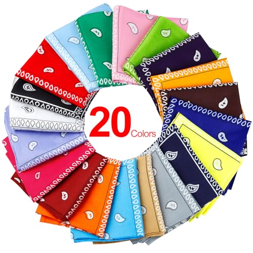 Jeatonge 20 Pcs Bandanas Paisley Headbands Bandana for Women Men Head Scarf Handkerchief 22x22 inch - color: ['Yellow', 'Sky Blue', 'Green', 'Red', 'Deep 'Orange', 'Plum Red', 'White', Purple', 'Khaki', 'Coffee', 'Gray', 'Black', 'Light 'Wine 'Royal 'Pink