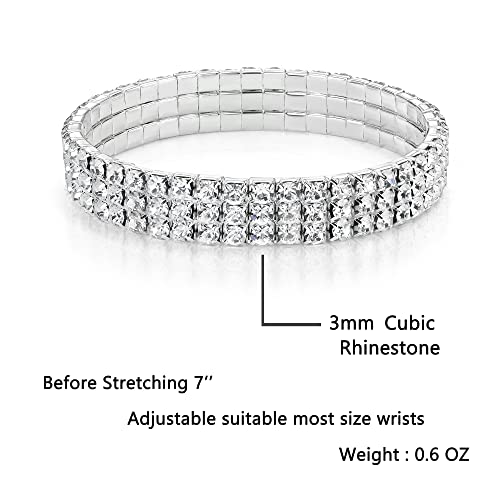 Zealmer Sparkle Multicolor Rhinestone Stackable Stretch Bracelets for Women - color: 3 Row Silver Bracelet