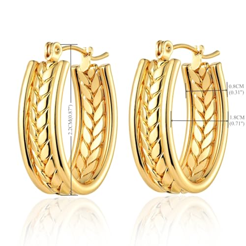 Gold Color Hoop Earrings for Women, Stainless Steel Wide Band Hoop Earrings with Twisted Rope Design, Womens Fashion Statement Dangle Earrings with Engraved Wheat Pattern - style: Oval