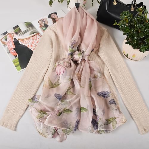 100% Mulberry Silk Women's Neck Silk Scarf-Lightweight Shawl,FLoral Print Beach Silk Wrap-Scarves for Photography - color: Dusty Pink