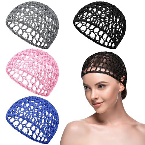 Geyoga 4 Pieces Mesh Crochet Hair Net Rayon Knit Snood Hat Thick Short Women Hairnet Snoods Cover Ornament for Sleeping(Black, Pink, Gray, Blue) - color: Black, Pink, Gray, Blue