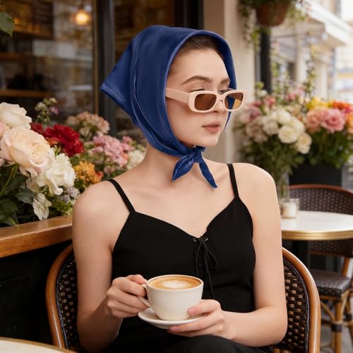 American Trends Women Silk Feeling Scarf Satin Head Scarves Square Wrap Neck Scarf Lightweight Silk Like Bandana - color: 11 Dark Blue