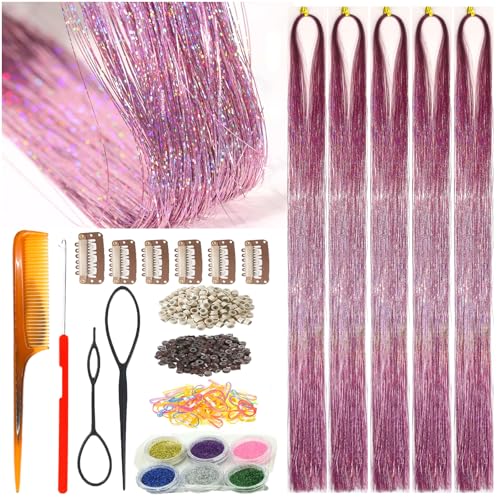 Celinebella Bubblegum Pink Hair Tinsel, 48" 1250 Strands Bright Shimmer | Vibrant hot pink bubblegum tone, youthful energetic, heat resistant, great for prom concerts birthday parties events - color: 01-Bubblegum Pink, size: 48 Inch Pack of 5Pcs