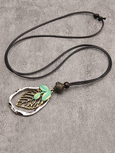 GelConnie Leather Cord Necklace Chain Multilayer Wooden Pendant Necklaces Vintage Jewelry Boho Long Sweater Necklace for Women Men - color: Leaves Leather Necklace