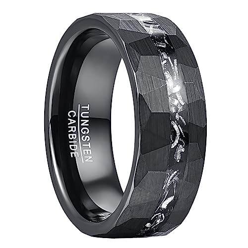 Vakki Personalized Black Tungsten Ring for Men Women Wedding Band Meteorite Inlay Custom Engraved Engagement Ring Polished Domed Comfort Fit Size 7-12 - color: B-Black-Hammered