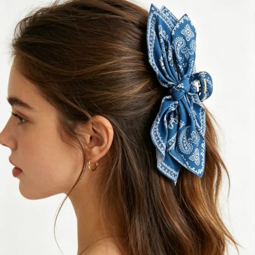 3 Pack Extra Large Boho Paisley Bandana Bow Knot Claw Clips Non Slip Hair Claws for Thick Hair Fashion Hair Accessories Gift for Women Teen Girls - color: Blue + Brown + Black