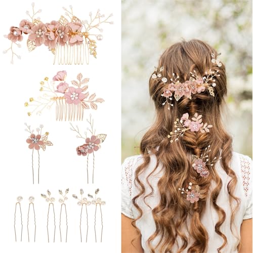 Floral Hair Comb Set for Women - 10PCS Bridesmaid Hair Accessories with Pink Flower Hairs Pins, Victorian Hair Clips for Wedding, Prom, Mother of Bride, Flower Girl (Rose Gold, Fake Flowers) - color: Pink