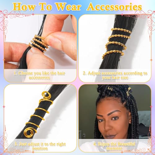 Lucomb 220 Pcs Gold Hair Jewelry for Braids, Loc Jewelry for Hair Dreadlock, Loc Charms for Women, Metal Gold Braid Rings Cuffs Clips for Dreadlock Accessories Clip Braids Extensions Decorations - color: Gold