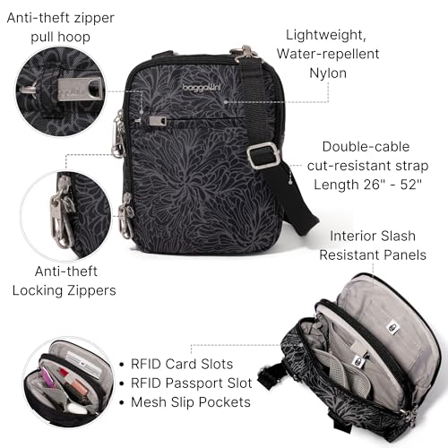 Baggallini Securtex® Anti-theft Mini Everything Crossbody Bag, 6.3"x8.25" Rfid, Locking Zippers & Cut-resistant Strap - color: Midnight Blossom Print