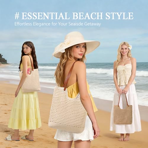 Sightor Crochet Beach Bag, Woven Tote Bag Summer Boho Bag Travel Casual Shoulder Bag for Summer Vacation - color: Beige