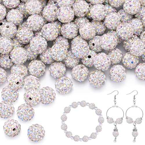 100 pcs 10mm Rhinestone Beads for Jewelry Making, Crystal AB Shiny Round Shamballa Disco Beads Bulk, Sparkle Crystal Clay Christmas for Bracelet Baseball Necklace Earring Crafting and DIY - color: Crystal AB, size: 10mm/100pcs