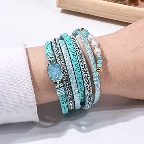 Artilady Leather Wrap Bracelets for Women - Pearl Bracelets Handmade Clasp Bangle Bracelet with Beads Jewelry Gift for Women and Mother - style: So She Did, Blue