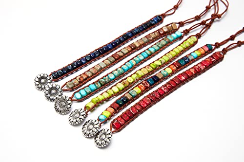 7 Chakra Bracelet Bohemian Handmade Leather Wrap Healing Protection Natural Stone Yoga Beaded Bracelets Boho Friendship Jewelry - color: Green Turquoise