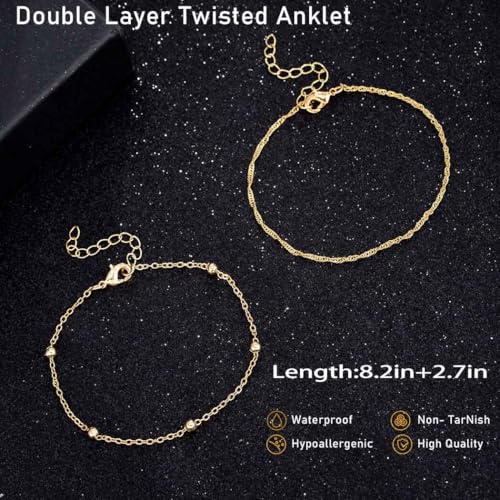 Yalice 925 Silver Ankle Bracelets Chain for Women Dainty 14K Gold Plated Waterproof Beads Anklets Layered Beach Foot Jewelry Gift - color: Gold-Twisted Link