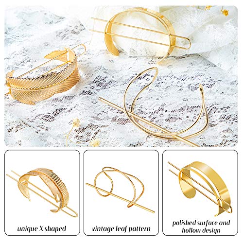 3 Pieces Gold Hair Accessory Set: Feather X-Shaped Bun Clip, Stick and Round Top