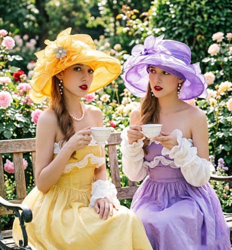 ORIDOOR Women’s Organza Church Tea Party Wedding Fascinator Derby Hat Wide Brim Sun Hats - color: C4-lavender