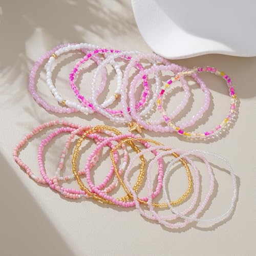 Shell Bracelet Seashell Boho Beaded Stretch Bracelets for Women Summer Beach Bracelets Starfish Charm Bracelet Stackable Gold Plated Bracelets Set for Women - color: g-pink