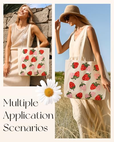 Miss Adola Embroidery Tote Bag with Pocket & Buckle - Reusable Canvas Tote for Women Cute Aesthetic Work Shopping Grocery Bag - style: Strawberry