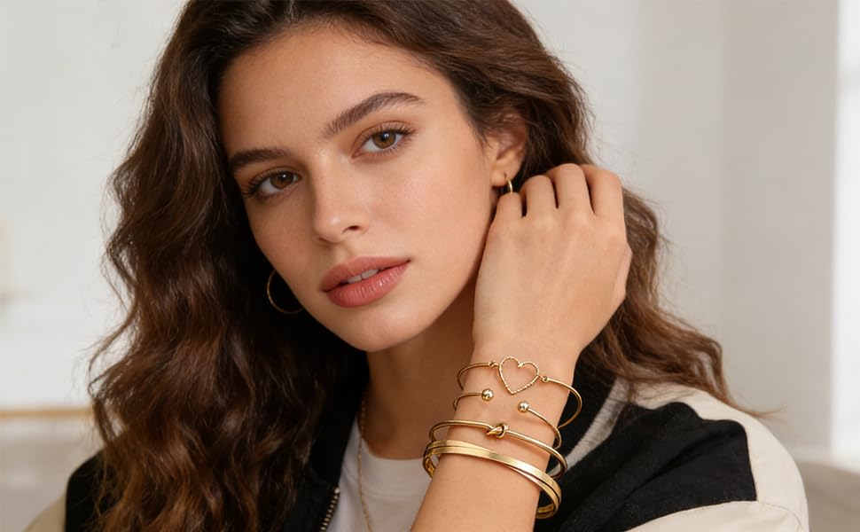 Alegend Titanium Steel (Not Rust, Resist Corruption, Easily Clean) 18K Gold Plated Single Bracelets + 14K Gold Plated Stackable Multilayer Bracelets - style: 14KGold + 4PCS D