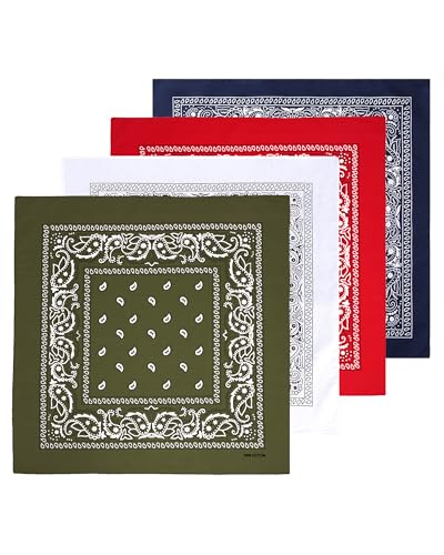 Bycc Bynn Large 27" x 27" 100% Cotton Bandanas - Set of 4 - color: Navy+white+red+army Green