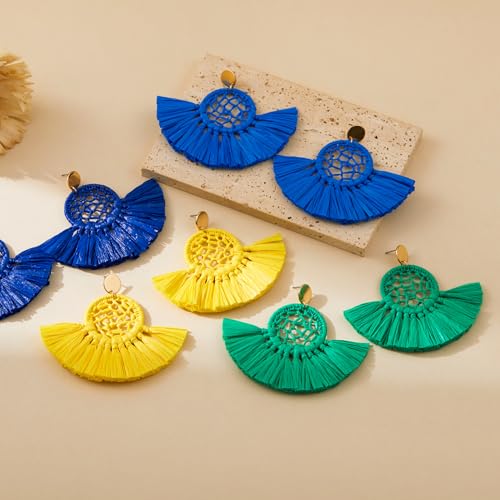 Boho Raffia Summer Beach Earrings for Women, Large Statement Dangle Drop, Lightweight Handmade Woven Fan Tassel Jewelry - color: Yellow