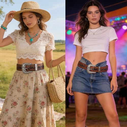 Dubulle Womens Belt Chain Leather Belts Vintage Western Adjustable Elastic Double Buckle for Cowboy Pant Dress - color: Brown Silver