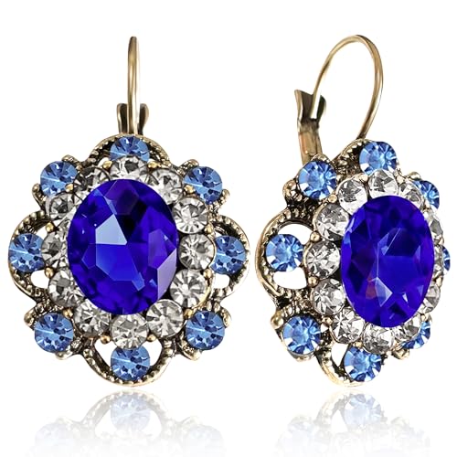Handmade Bohemian Vintage Gold Sparkly Crystal Round Flower Leverback Earrings Cute Rhinestone Geometry Dangle Drop Earring for Women - color: White Blue