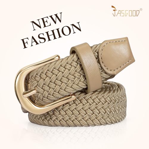 JASGOOD 2 Pack Braided Belts for Women, 1'' Narrow Width Elastic Woven Stretch Fabric Cloth Belts with Gold Buckle - color: G-black+beige, size: Fit Size 25"-28"