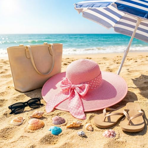 DRESHOW Beach Hats for Women Big Straw Wide Brim Summer Hat Floppy Foldable Roll up Cap Sun Hat UPF 50+ - color: 1 Pc: Pink With White Polka Dots