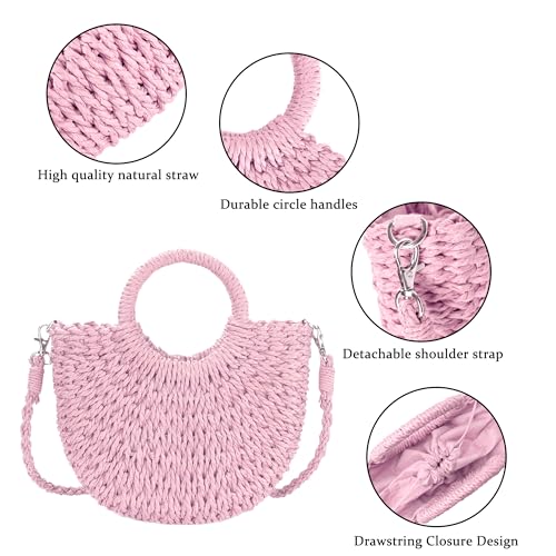 Womens Straw Beach Bag Woven Crossbody Shoulder Bags Top Handle Satchel Handbag Purse for Summer - color: Pink
