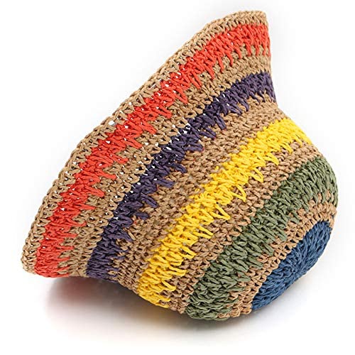Women Straw Sun Hat Floral Woven Crochet Bucket Hat Y2k Aesthetic Accessories Beach Hat Hand Woven Boho Foldable Cap - color: Striped D