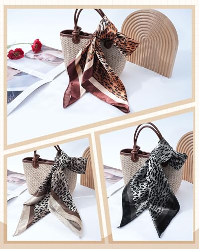 Mesovor 35” Square Head Scarf for Women, 3 Pack Like Silk Satin Headscarf Hair Neck Scarf Top Bandanas for Sleeping - color: Small Leopard(gray/Coffee/Camel)
