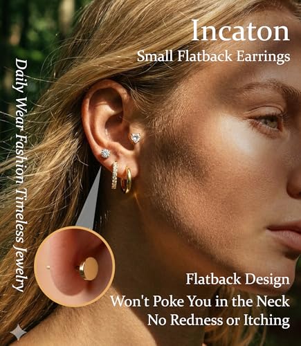 Incaton Hypoallergenic Flat Back Earrings for Women Silver 14K Gold Plated Surgical Stainless Steel Stud Earrings Cubic Zirconia Cartilage Studs Earrings For Multiple Piercing Sensitive Ears - color: K-Gold
