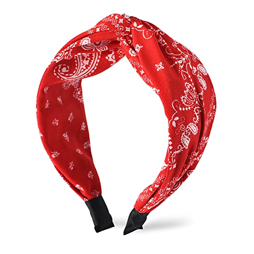Red Knotted Boho Paisley Headband for Women's Hair - Non-Slip Turban Twist Knot Bandana Hairband - color: red