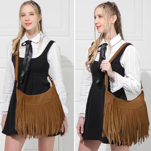 Sunwel Fashion Women Fringe Hobo Bag Western Purse Shoulder Bag Vegan Suede Tassel Hippie Crossbody Bag - color: Brown