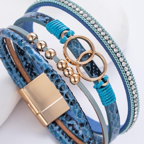 FANCY SHINY Boho Leather Wrap Bracelet Stackable Infinity Chunky Cuff Bracelets Western Hippie Outfits Jewelry Valentine Gifts for Women - color: Snakeskin Blue