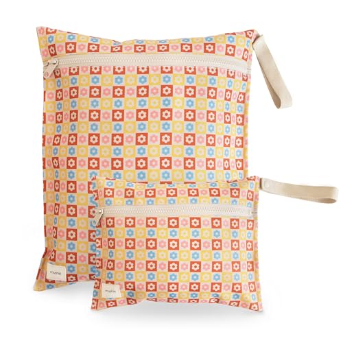 mushie Water Resistant Wet Bags | Large & Small Reusable Storage Bag for Baby Items and Travel | Zippered Pockets with Handle | Machine Washable, Set of 2 (Happy Flowers Check) - color: Happy Flowers Check