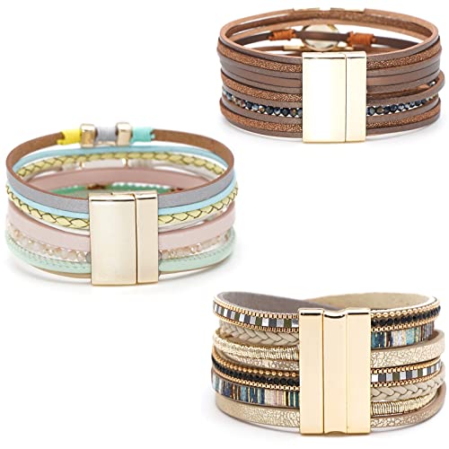 Leather Wrap Bracelet Set 3Pack Wrist Cuff Bracelet for Women Multilayer Magnetic Clasp Bracelet Feather Tree Bead Crystal Bracelet - color: Bead Colorful