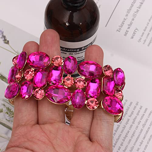 Women’s Wedding Bridal Crystal Leaf Flower Stretch Bangle Elastic Wide Bracelet Jewelry for Brides Bridesmaid - color: Rose Red-Gold Plated
