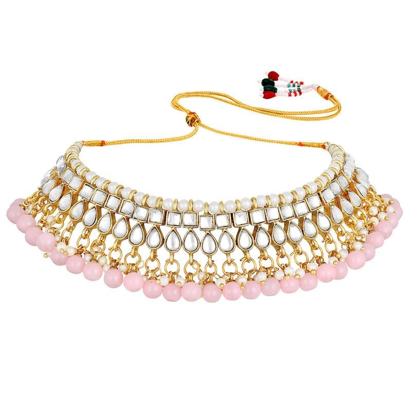 Aheli Faux Kundan Beaded Necklace Earrings Maang Tikka Indian Bollywood Ethnic Jewelry Set Gift for Women - color: Pink 2