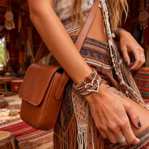 Long tiantian Leather Bracelets for Women Warp Bracelet Stackable Boho Layered Bracelet Chunky Heart Trendy Birthday Gifts for Her - color: B12:Bohemian Bracelet(Brown)