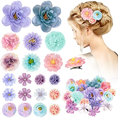 BBTO 21 Pcs Flower Hair Clip Rose Hair Clips Barrettes for Women Flower Accessories Boho Bride Claw Clip Hairpin Brooch Pin Headpiece for Wedding (Blue,Purple) - color: Blue, Purple