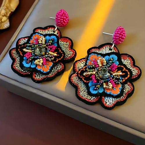 Boho Floral Embroidered Earrings with Colorful Bead Accents and Crystal Center for Women - color: Colour