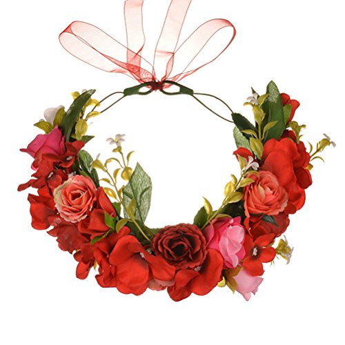 Vivivalue Rose Flower Crown Boho Flower Headband Hair Wreath Floral Headpiece Halo with Ribbon Wedding Party Festival Photos Red - color: 96