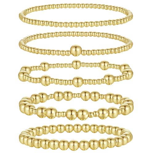 XIANNVXI 5PC Platinum Plated Silver Beaded Bracelet for Women Stretch Elastic Stackable Bead Ball Bracelet Trendy Set Women Dainty Jewelry - color: Gold B